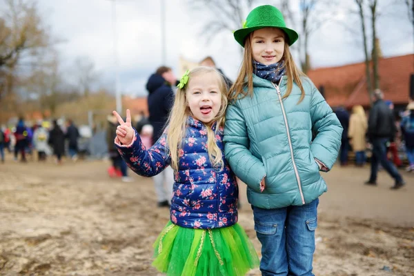 Two Cute Little Girls Celebrating Patricks Day Vilnius Children Having — Stock Photo, Image