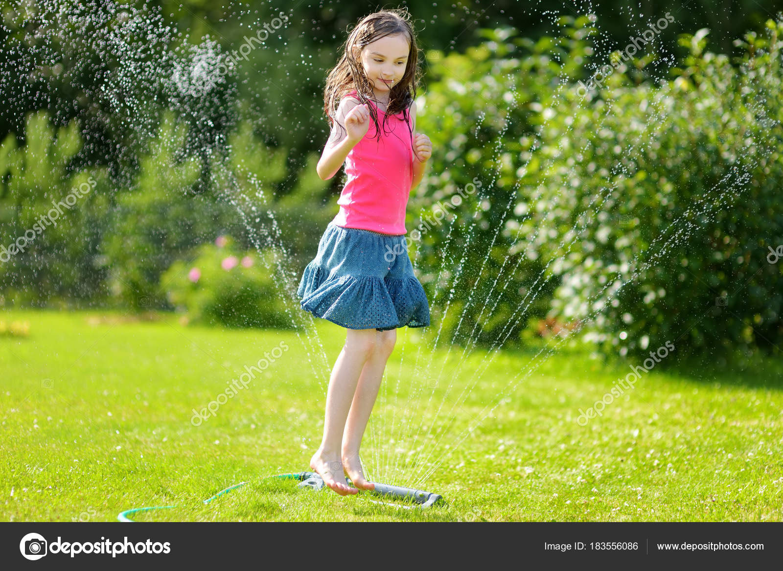 Adorable Little Girl Playing Sprinkler Backyard Sunny Summer Day Cute ⬇