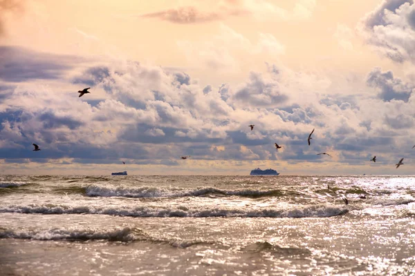 Драматический Закат Над Балтийским Морем Летом Пурпурные Облака Парят Над — стоковое фото