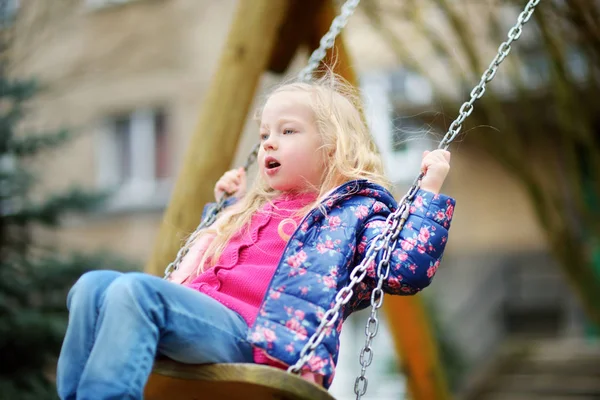 Cute Little Girl Having Fun Swing Beautiful Spring Day Outdoor — Stock Photo, Image