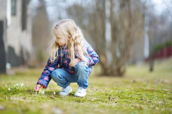 Bedårande Liten Flicka Plocka Första Blommorna Våren Vacker Vårdag Söta — Stockfoto