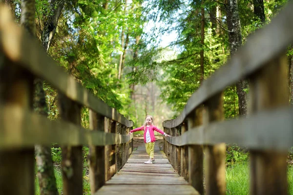 Menina Bonito Divertindo Durante Caminhada Floresta Belo Dia Verão Lazer — Fotografia de Stock