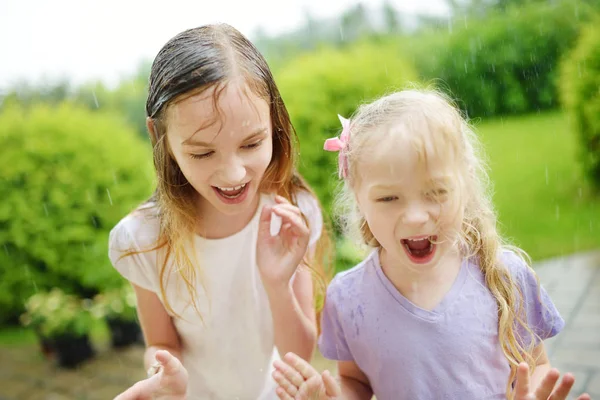 Two Cute Little Sisters Having Fun Warm Summer Rain Siblings — Stock Photo, Image