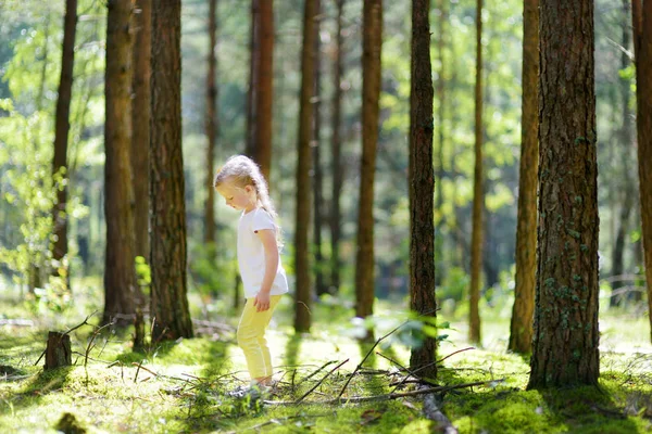 可爱的小女孩在美丽的夏日森林远足的乐趣 积极的家庭休闲与孩子 — 图库照片