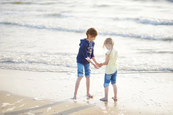 つの幼い姉妹が暖かく 日当たりの良い夏の日に砂浜のビーチで楽しんで 海で遊ぶ子供たち 子供のための夏の活動 — ストック写真