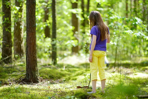 Menina Bonito Divertindo Durante Caminhada Floresta Belo Dia Verão Lazer — Fotografia de Stock