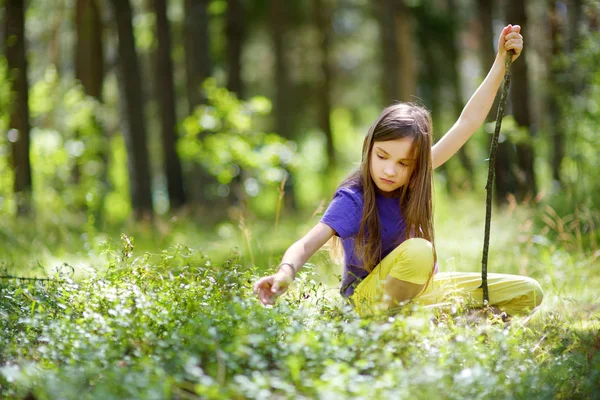 Χαριτωμένο Μικρό Κορίτσι Έχει Διασκέδαση Κατά Διάρκεια Του Δάσους Χαράτσι — Φωτογραφία Αρχείου