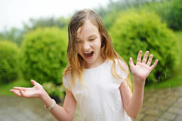 Cute Little Girl Having Fun Warm Summer Rain Child Playing — Stock Photo, Image