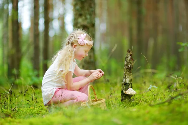Χαριτωμένο Μικρό Κορίτσι Έχει Διασκέδαση Κατά Διάρκεια Του Δάσους Χαράτσι — Φωτογραφία Αρχείου