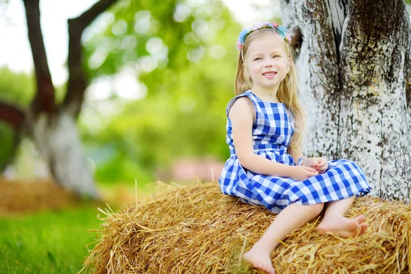 坐在干草堆上的小女孩 — 图库照片