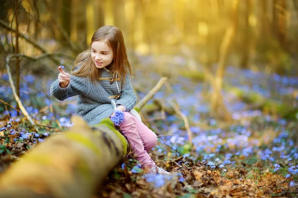 Malá holčička, trhání květin v lese — Stock fotografie