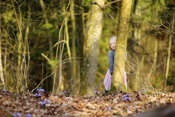 Gadis kecil memetik bunga di hutan — Stok Foto