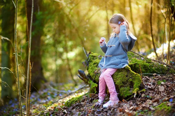 Liten flicka plockar blommor i skogen — Stockfoto