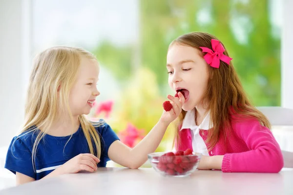 Niñas comiendo frambuesas en casa —  Fotos de Stock