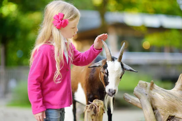 Söt liten flicka klappa get — Stockfoto