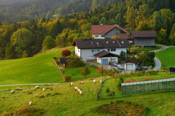 Piękny Domek Typowym Małym Bawarskim Miasteczku Niemczech Majestatyczny Snowy Góry — Zdjęcie stockowe