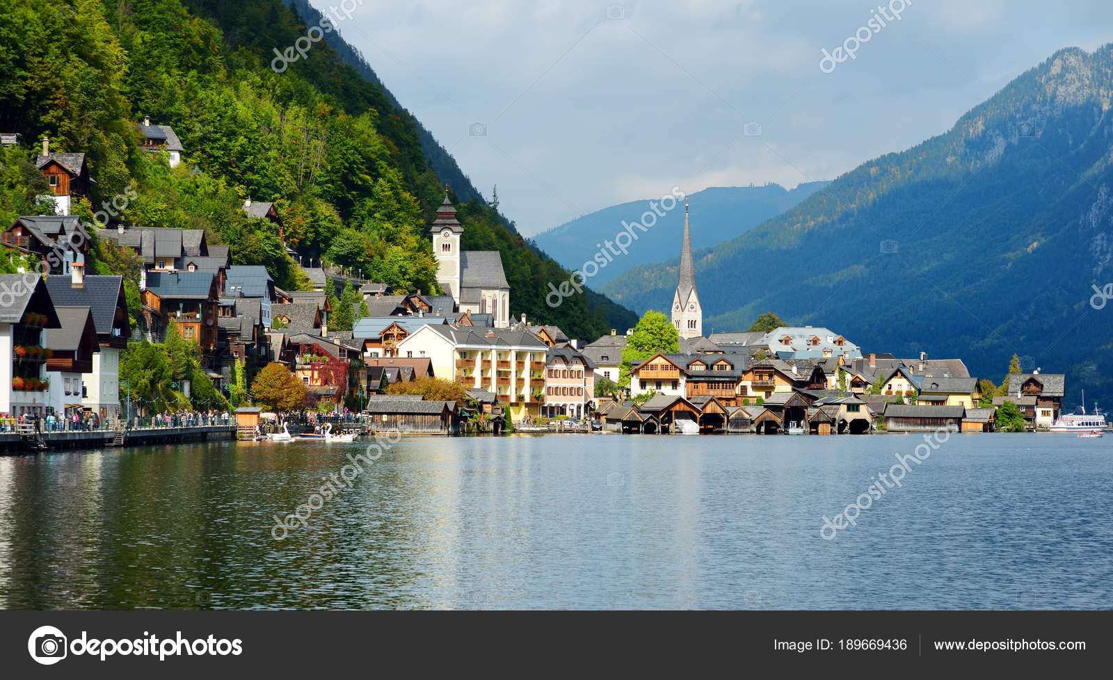 Scenic View Hallstatt Lakeside Town Austrian Alps Beautiful Evening Light Stock Photo C Mnstudio 189669436