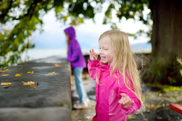 两个可爱的小女孩在美丽的秋天的日子里玩得开心 快乐的孩子们在秋季公园玩耍 — 图库照片