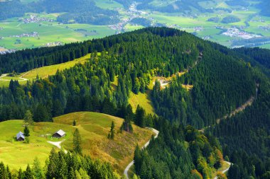 dağlar, orman ve küçük Bavyera Köyü manzara
