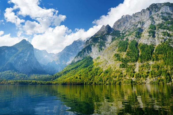 Stunning deep green waters of Konigssee, known as Germany's deepest and cleanest lake, located in the extreme southeast Berchtesgadener Land district of Bavaria, near the Austrian border.