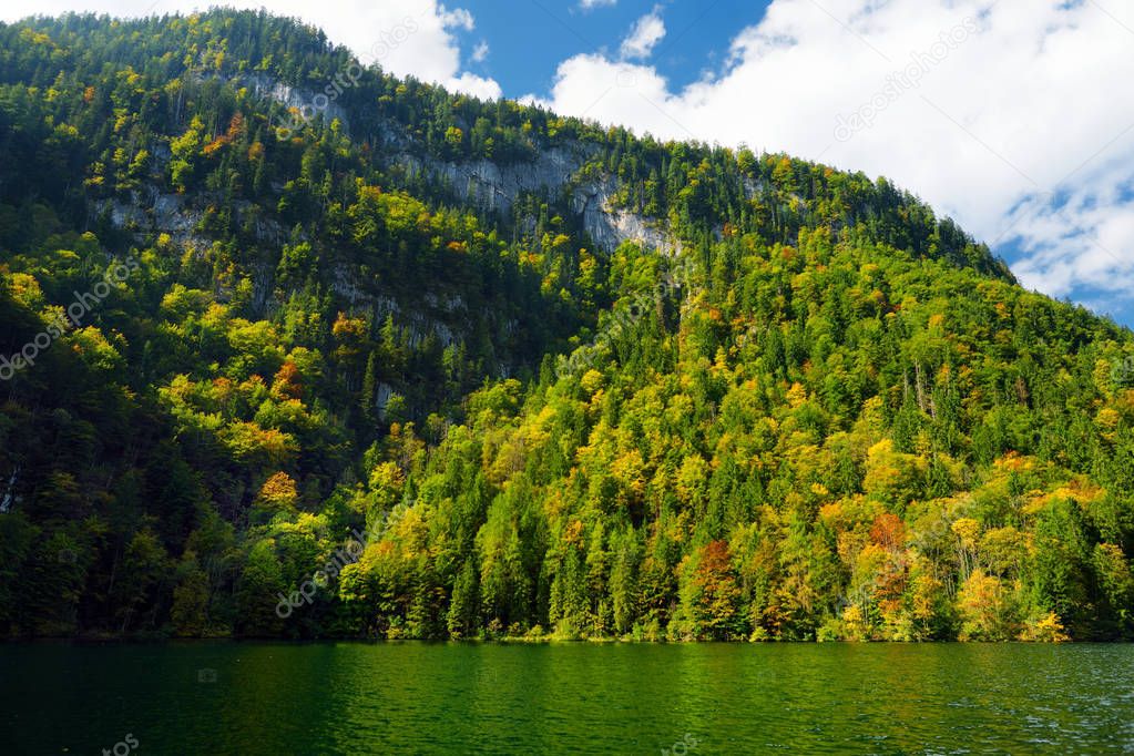 Stunning deep green waters of Konigssee, known as Germany's deepest and cleanest lake, located in the extreme southeast Berchtesgadener Land district of Bavaria, near the Austrian border.