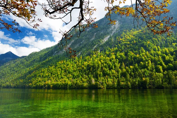令人惊叹的深绿色水域的 Konigssee 被称为德国最深和最干净的湖泊 位于极端东南 Berchtesgadener 土地区巴伐利亚 靠近奥地利边境 — 图库照片
