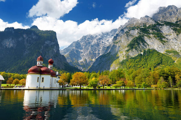 St. Bartholomew church on Konigssee, known as Germany's deepest and cleanest lake, located in the extreme southeast Berchtesgadener Land district of Bavaria, near the Austrian border.