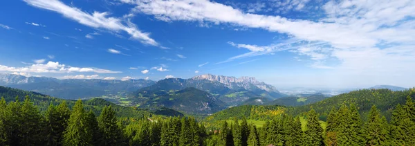 Scenic view of mountains, forests and blue sky
