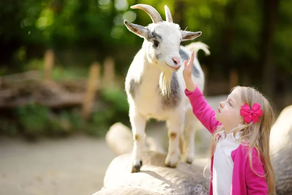 Cute Little Girl Interacting Goat Farm — Stock Photo, Image