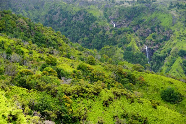 Two Distant Waterfalls Tropical Hawaiian Rainforest Maui Hawaii Usa — Stock Photo, Image