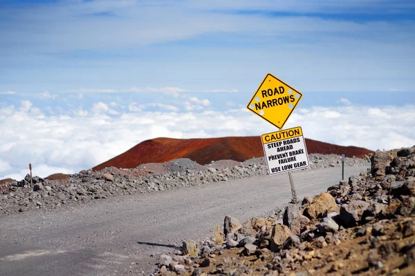 road sign on steep road to top of Mauna Kea, Hawaii
