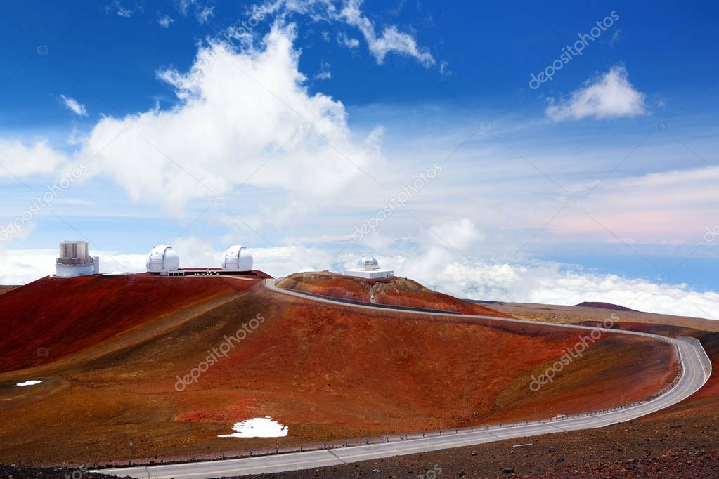 Observatories on top of Mauna Kea mountain peak on Big Island of Hawaii, United States