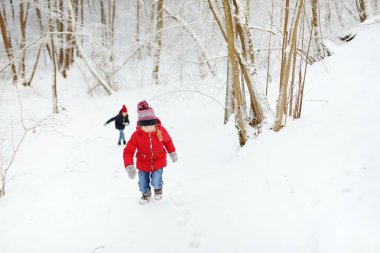 İki sevimli genç kız güzel kış parkında birlikte eğleniyorlar. Karda oynayan sevimli kız kardeşler. Çocuklar için kış aile aktiviteleri.