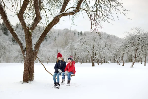 Две очаровательные молодые девушки веселятся вместе на качелях в красивом зимнем парке. Милые сёстры играют на снегу . — стоковое фото