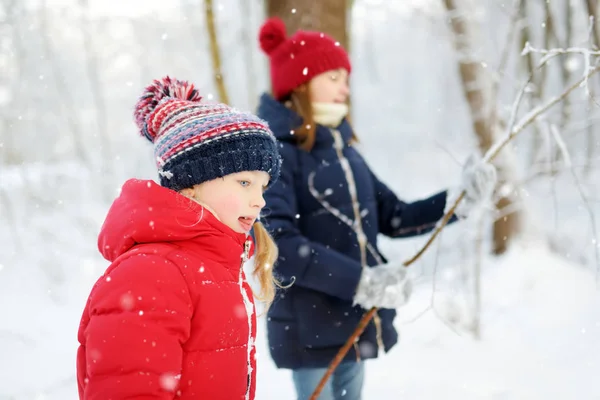 Två bedårande unga flickor som har roligt tillsammans i vackra vinterparken. Söta systrar som leker i snö. Familjeaktiviteter på vintern för barn. — Stockfoto