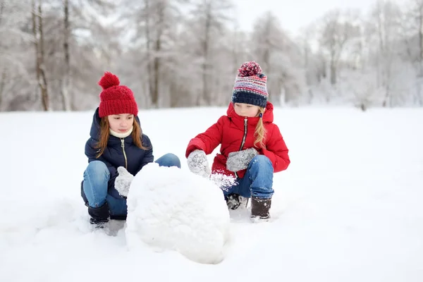 Två bedårande unga flickor som har roligt tillsammans i vackra vinterparken. Söta systrar som leker i snö. Familjeaktiviteter på vintern för barn. — Stockfoto
