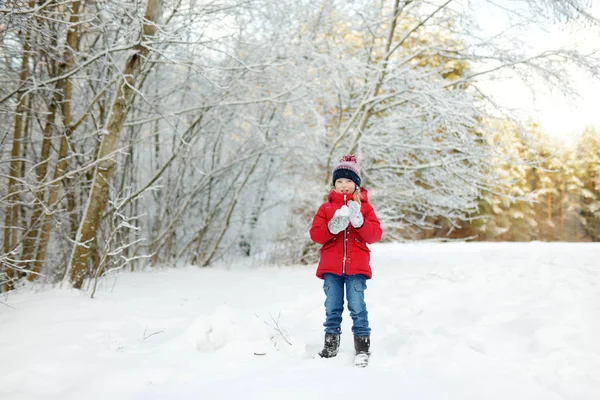 Adorável jovem garota se divertindo no belo parque de inverno. Criança bonita brincando em uma neve. Atividades de inverno para a família com crianças . — Fotografia de Stock