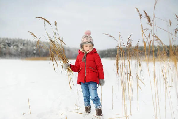 Adorable young girl having fun by beautiful frozen lake. Cute child playing in a snow. — Stock Photo, Image