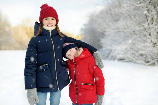 Twee schattige jonge meisjes die samen plezier hebben in het prachtige winterpark. Leuke zusjes die in de sneeuw spelen. Winter familie activiteiten voor kinderen. — Stockfoto