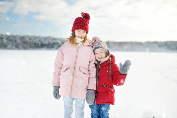 两个可爱的小女孩在美丽的冰冻湖畔玩得很开心。 姐姐们在雪地里嬉戏. — 图库照片