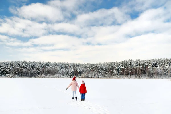 两个可爱的小女孩在美丽的冰冻湖畔玩得很开心。 姐姐们在雪地里嬉戏. — 图库照片
