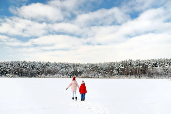 Dos adorables chicas jóvenes divirtiéndose juntas junto al hermoso lago congelado. Linda hermanas jugando en una nieve . — Foto de Stock