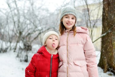 İki sevimli genç kız güzel kış parkında birlikte eğleniyorlar. Karda oynayan sevimli kız kardeşler. Çocuklu aileler için kış etkinlikleri.
