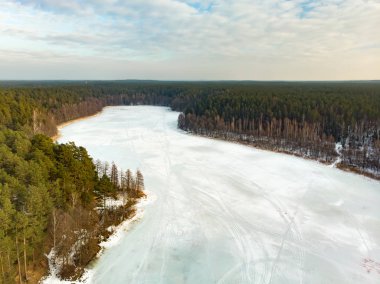 Balzis Gölü 'nün buzdan manzarası çok güzeldir. Küçük bir gölü çevreleyen karlı çam ormanları. Rime buzu ve ağaçları kaplayan buz kütleleri. Vilnius, Litvanya yakınlarındaki manzaralı kış manzarası.