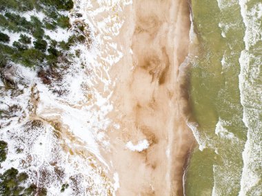 Litvanya 'nın Klaipeda kenti yakınlarındaki Baltık Denizi kıyı şeridinin hava görüntüsü. Soğuk kış gününde güzel deniz kıyıları. Baltık denizinde kış.