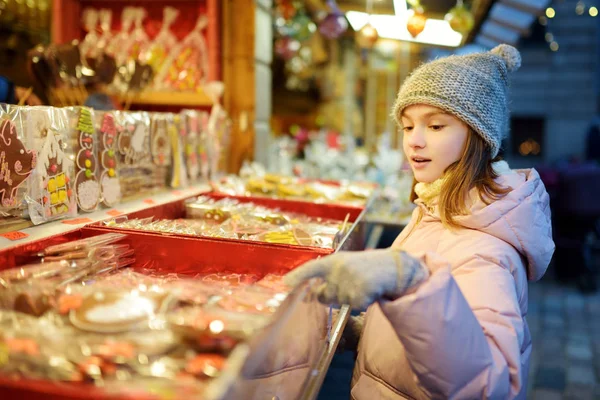 Cute Young Girl Choosing Sweets Traditional Christmas Market Riga Latvia — Stock Photo, Image