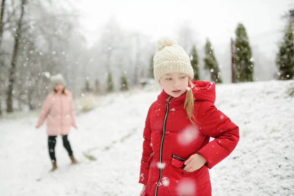 两个可爱的小女孩在美丽的冬季公园里玩得很开心 可爱的姐妹们在雪地里玩耍 有子女家庭的冬季活动 — 图库照片