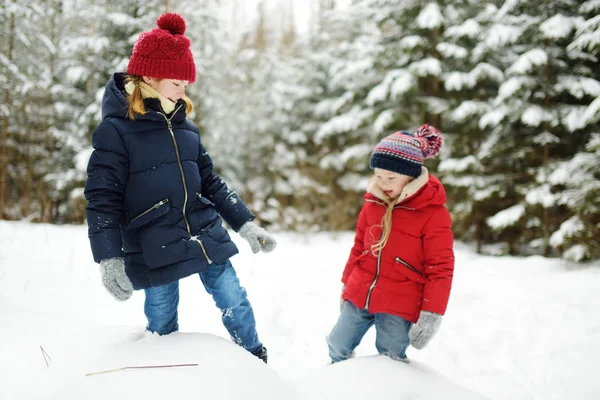 Dos Adorables Chicas Jóvenes Divirtiéndose Juntas Hermoso Parque Invierno Bonitas — Foto de Stock