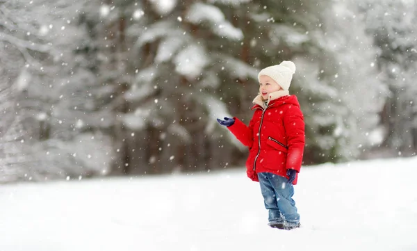 Garota Adorável Divertindo Belo Parque Inverno Durante Queda Neve Criança — Fotografia de Stock