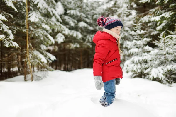 美しい冬の森で楽しく愛らしい少女 幸せな子供は 雪で遊ぶ 子供のための冬のアクティビティ — ストック写真